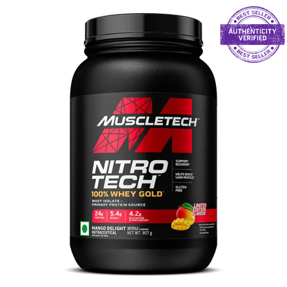 Muscletech Nitro Tech 100% Whey Gold supplement container on a white background