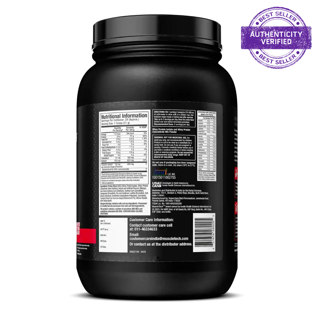 Black supplement container with nutritional information label on a white background