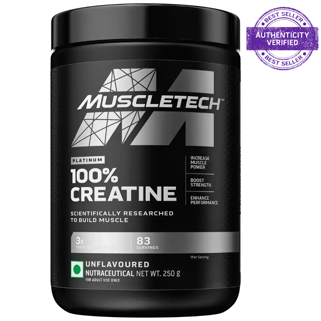 Muscletech 100% Creatine supplement container on a white background