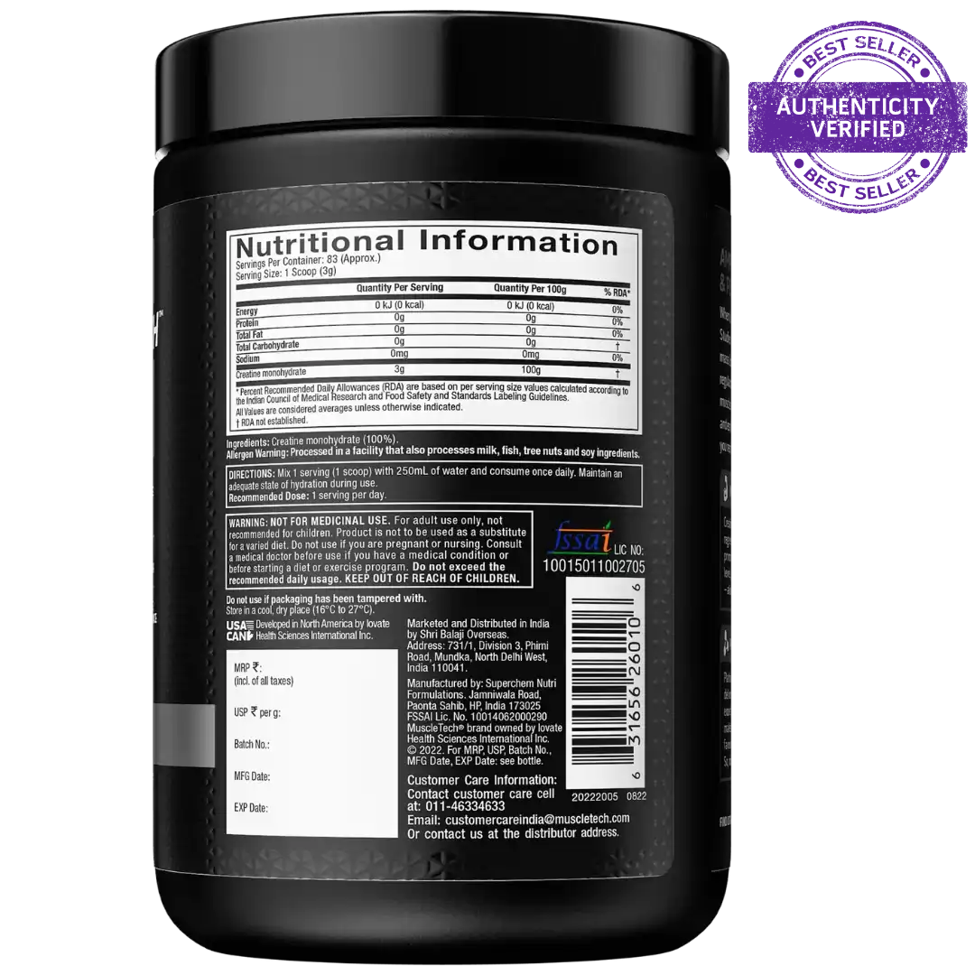 Black supplement container with nutritional information label on a white background