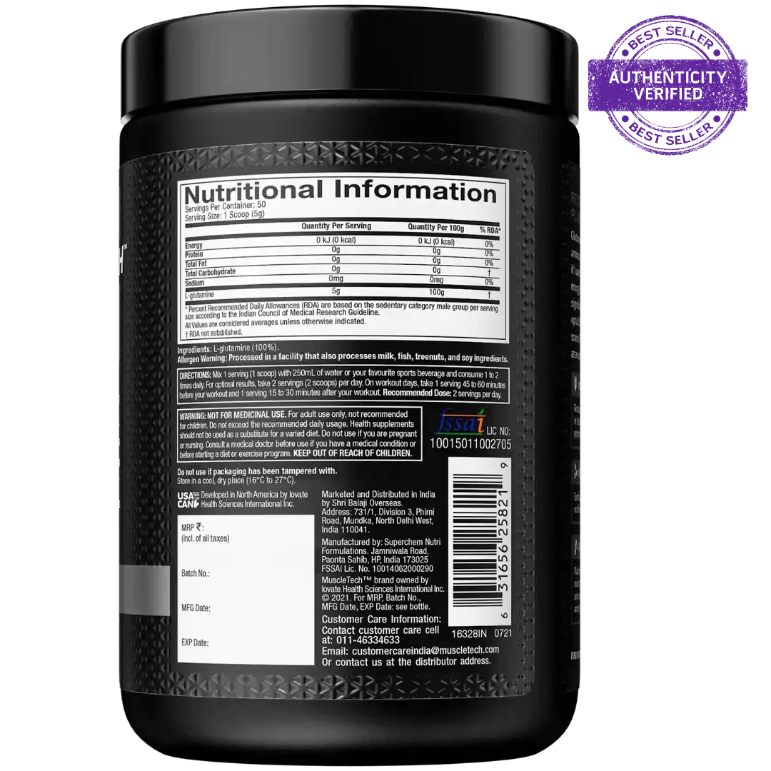 Black supplement container with nutritional information label and authenticity verified stamp.