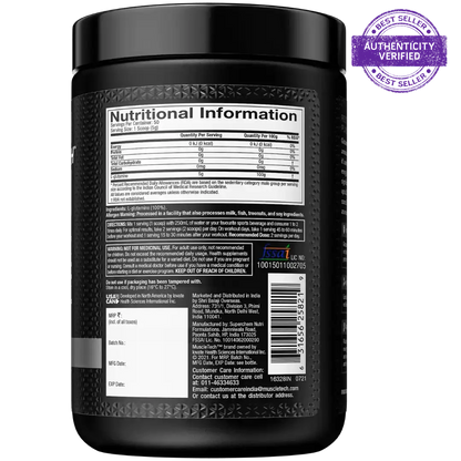 Black supplement container with nutritional information label and authenticity verified stamp.