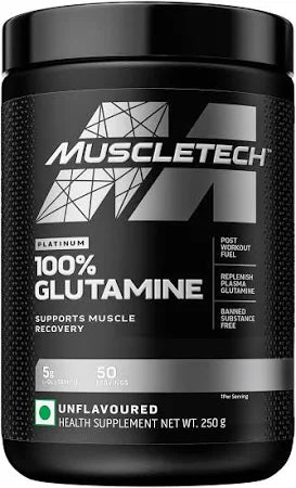 Muscletech 100% Glutamine supplement container on a black background