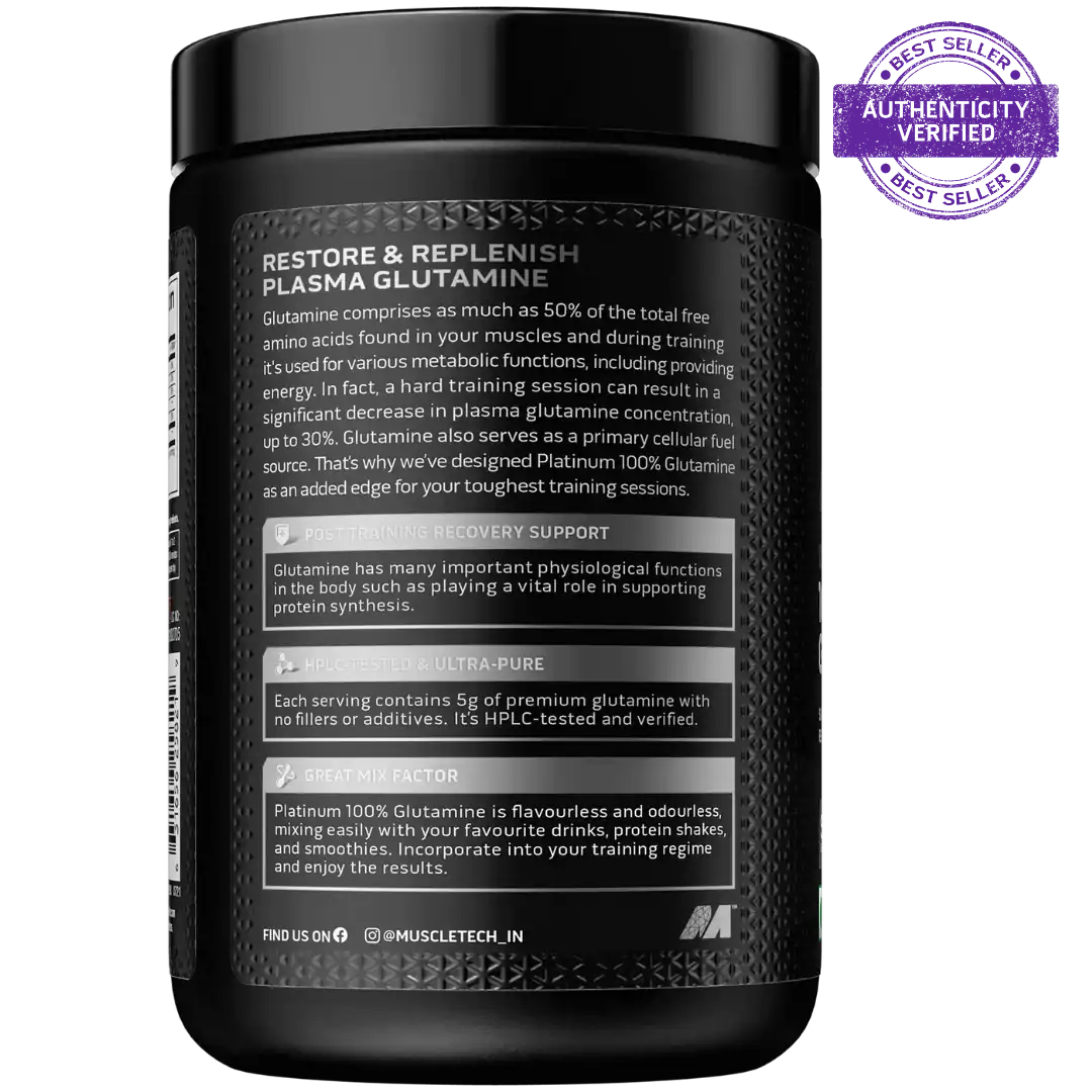Black container of Plasma Glutamine with text and a 'Best Seller' badge on a white background