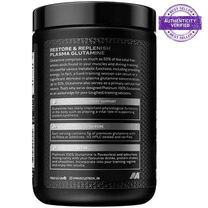 Black container of Plasma Glutamine with text and a 'Best Seller' badge on a white background