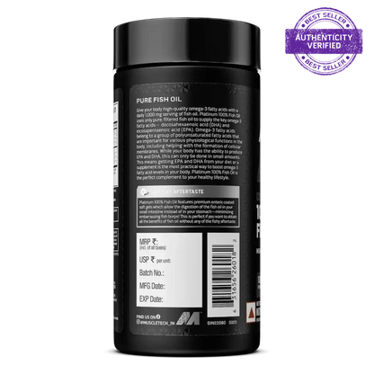 Black container of pure fish oil with label and authenticity verified stamp on a white background