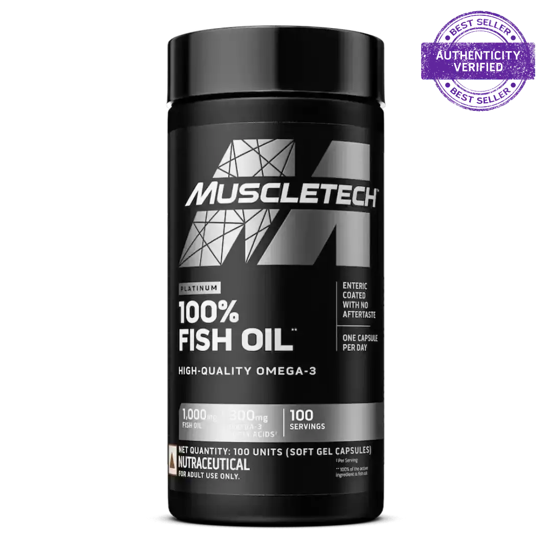 MuscleTech 100% Fish Oil supplement container on a white background