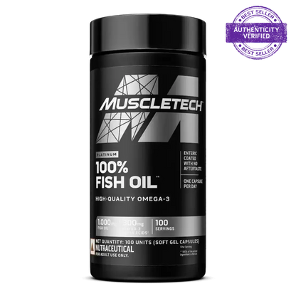 MuscleTech 100% Fish Oil supplement container on a white background
