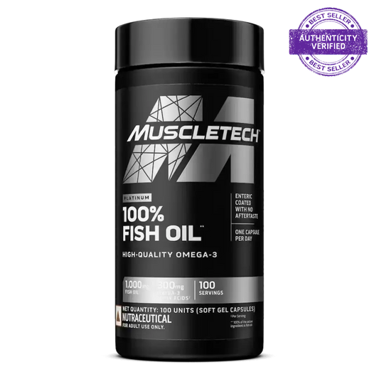 MuscleTech 100% Fish Oil supplement container on a white background