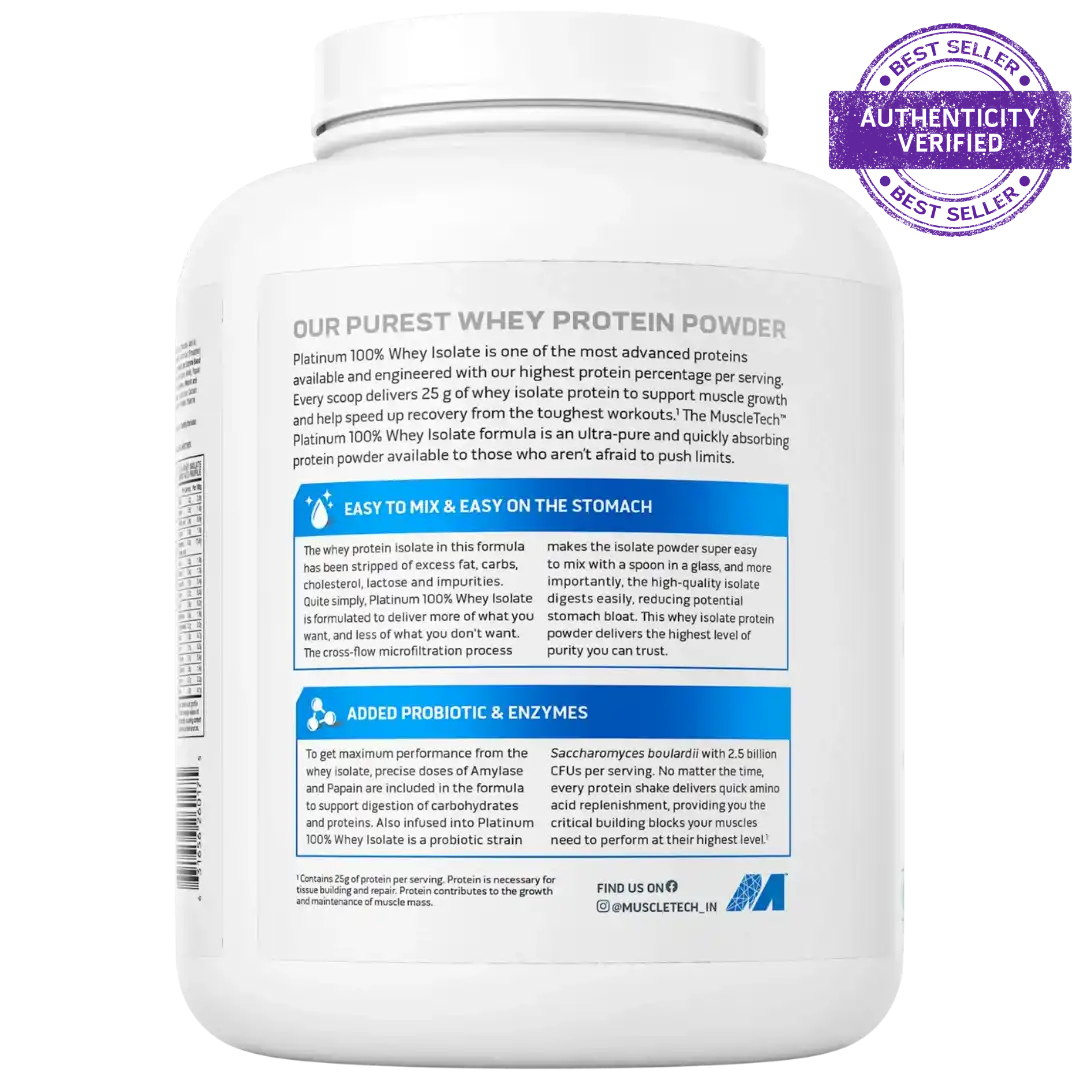 Protein powder container with text and branding on a white background