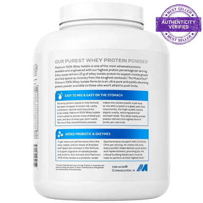 Protein powder container with text and branding on a white background