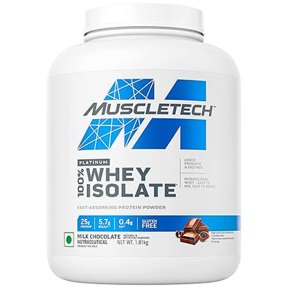 Muscletech Platinum 100% Whey Isolate protein powder container on a white background