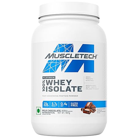 Muscletech whey isolate protein powder container on a white background