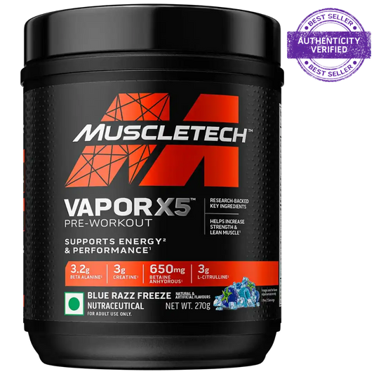 Muscletech VaporX5 pre-workout supplement container with branding and product details.