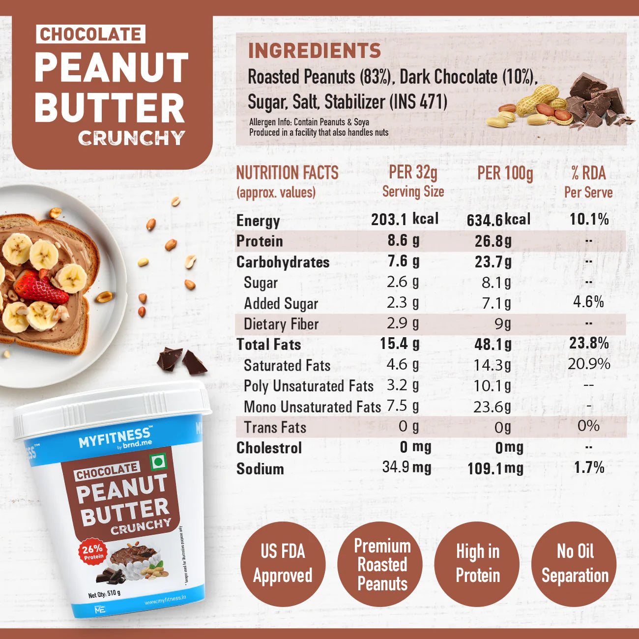 Product packaging of MyFitness Chocolate Peanut Butter Crunchy with nutritional information and ingredients listed.