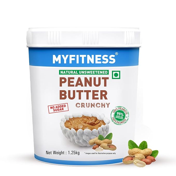 MyFitness peanut butter container with peanuts and leaves on a white background