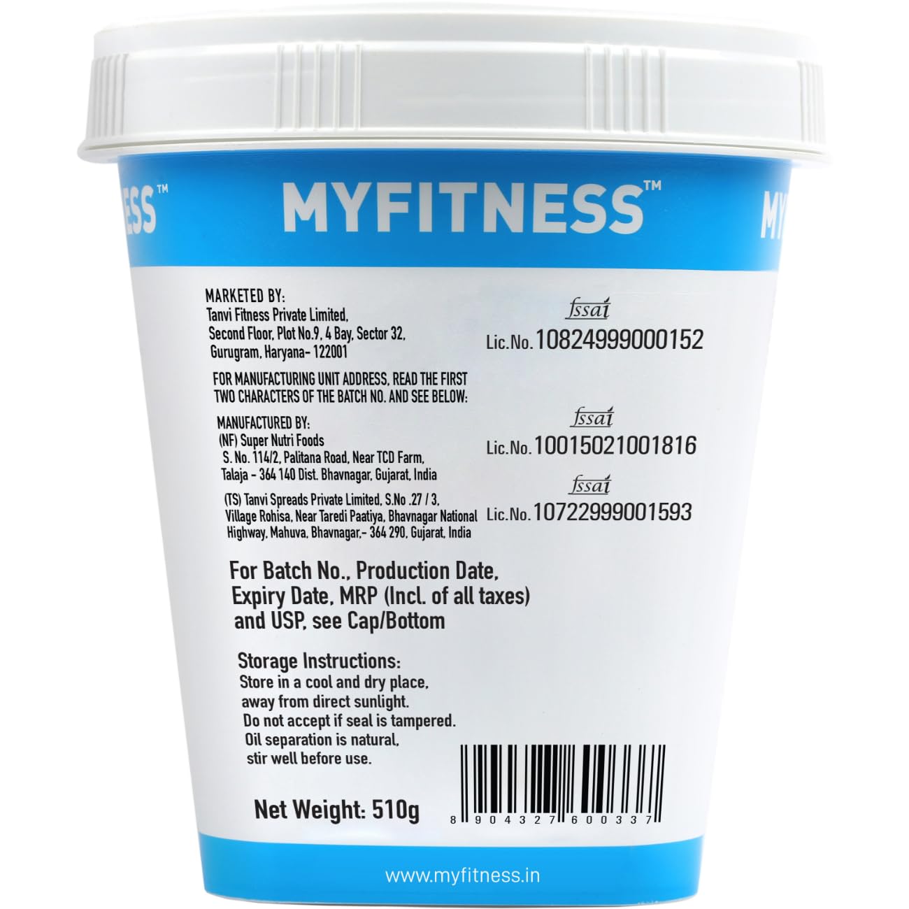 Back label of a MyFitness product container with branding and contact information.