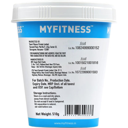Back label of a MyFitness product container with branding and contact information.