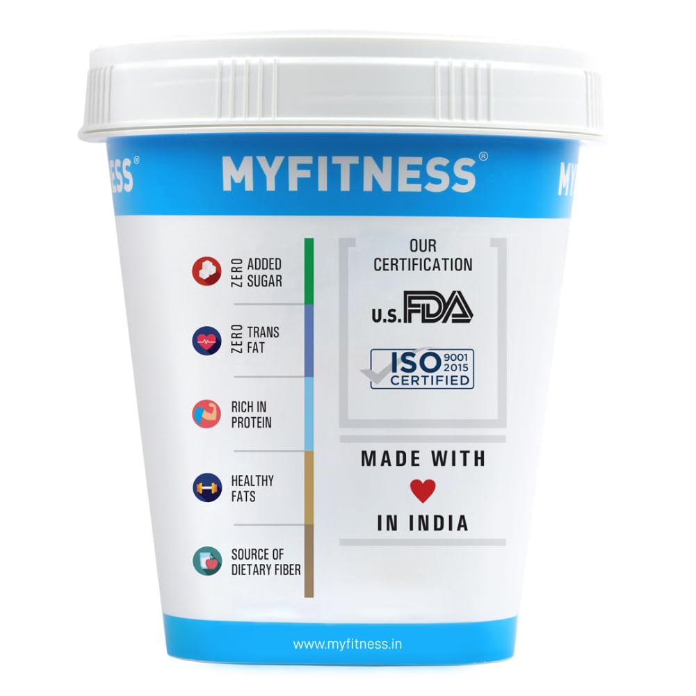 MyFitness protein powder container with certification logos on a white background