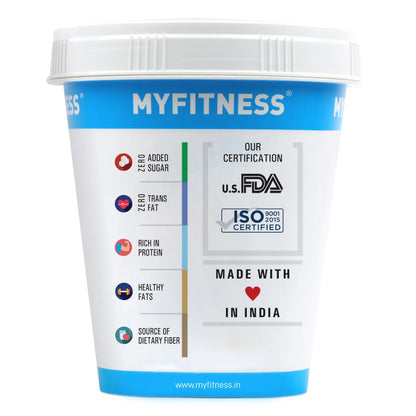 MyFitness protein powder container with certification logos on a white background