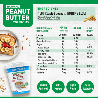 Nutritional information and ingredients of MyFitness Natural Peanut Butter Crunchy on a white background