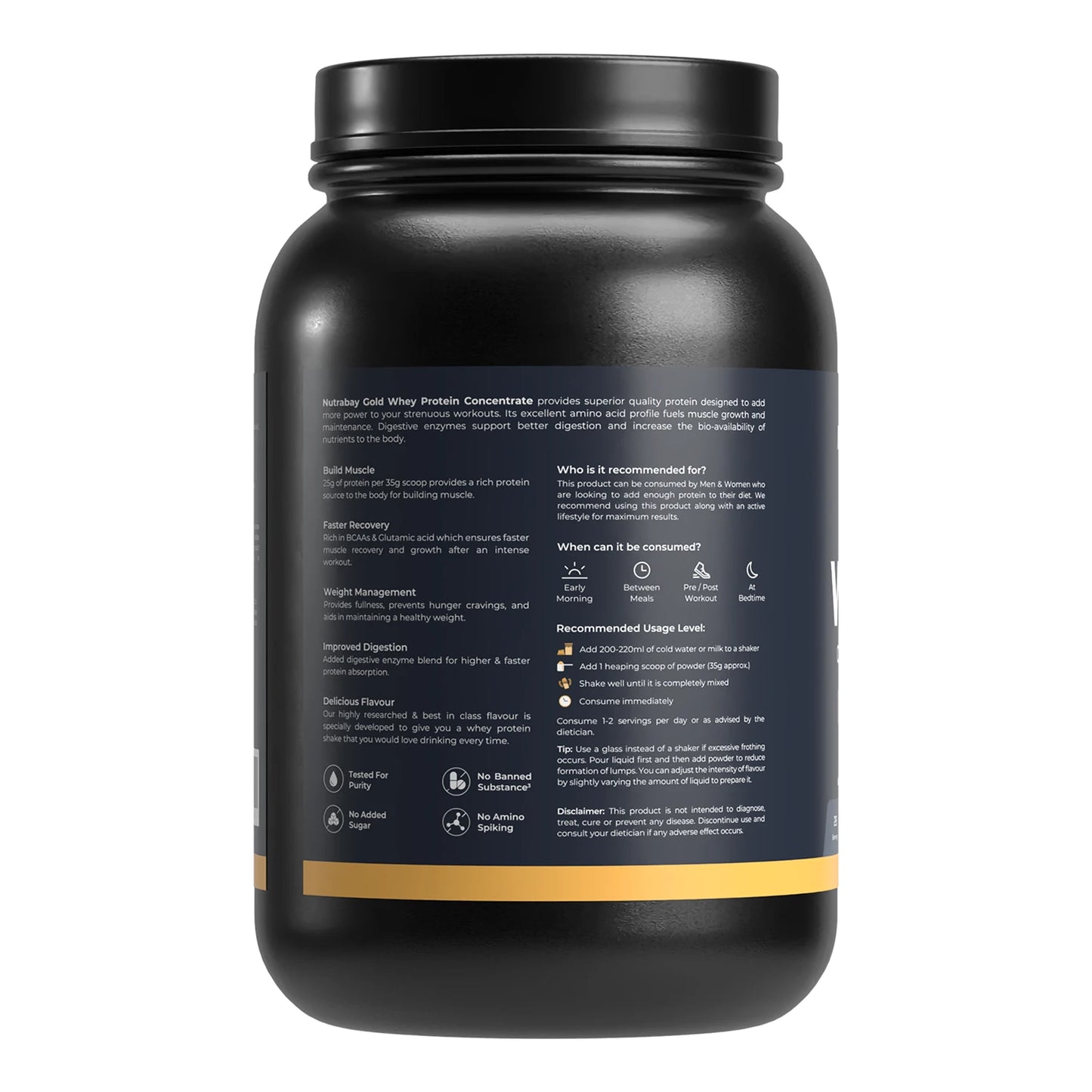 Black protein supplement container with text on a white background