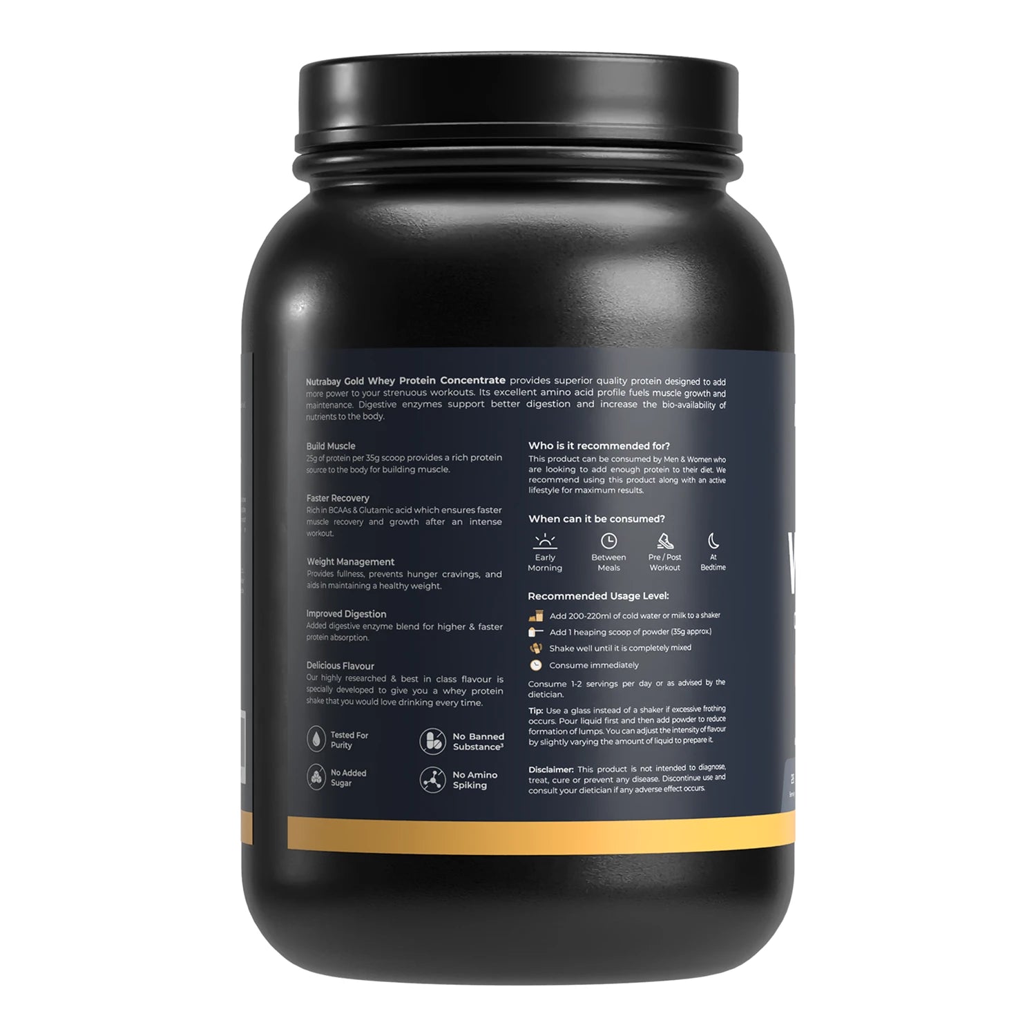 Black protein supplement container with text on a white background