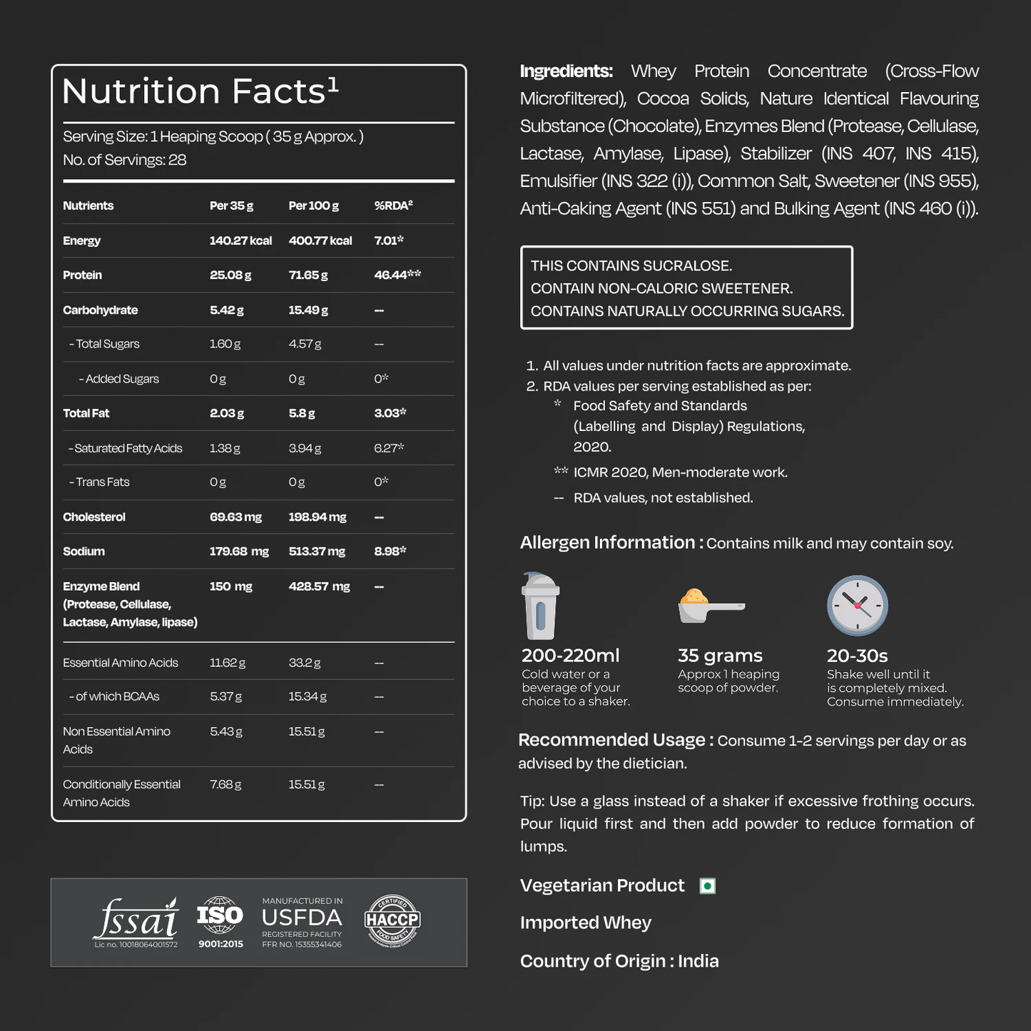 Nutrition facts label and ingredient list for a protein product on a black background