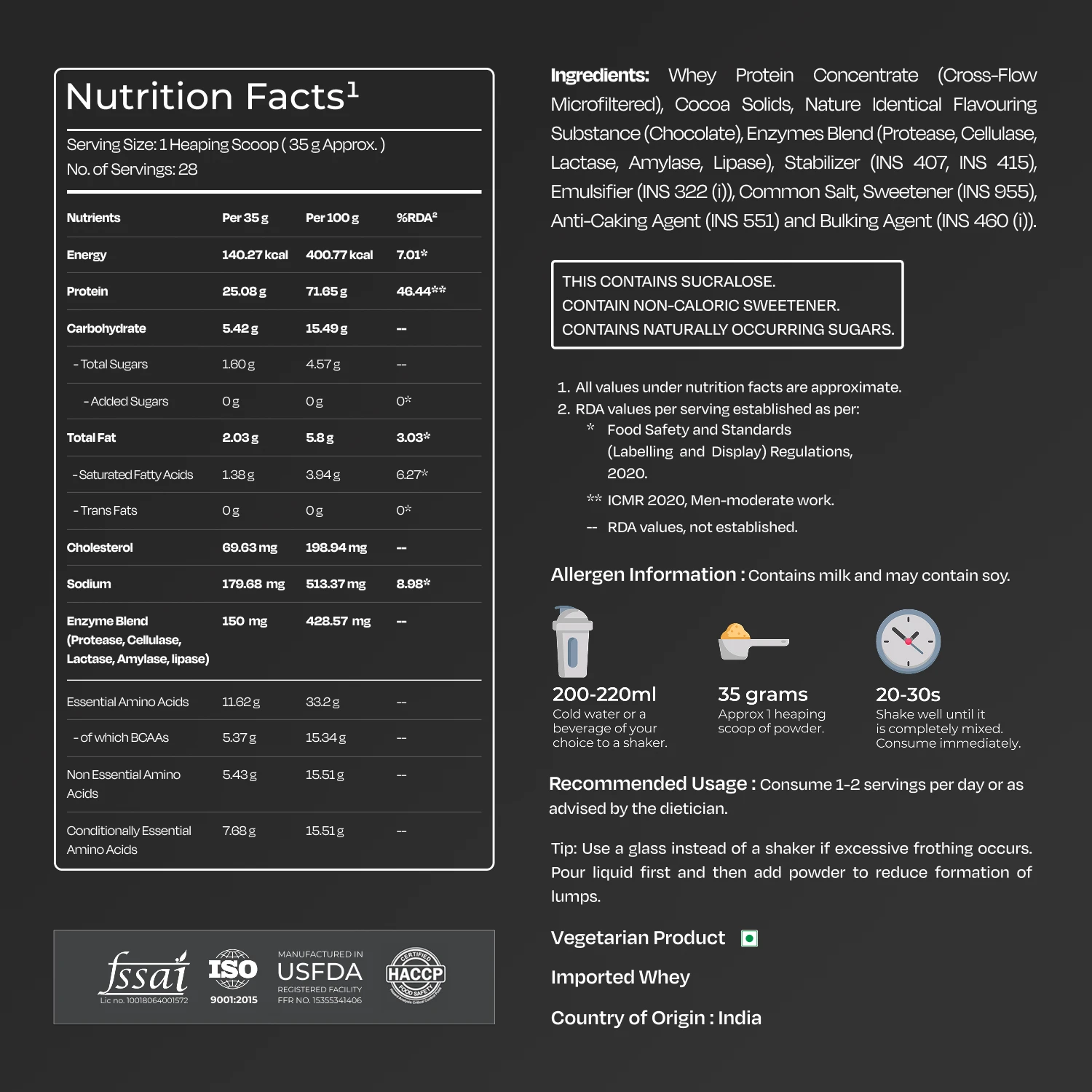 Nutrition facts label and ingredient list for a protein product on a black background