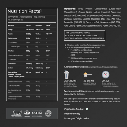Nutrition facts label and ingredient list for a protein product on a black background