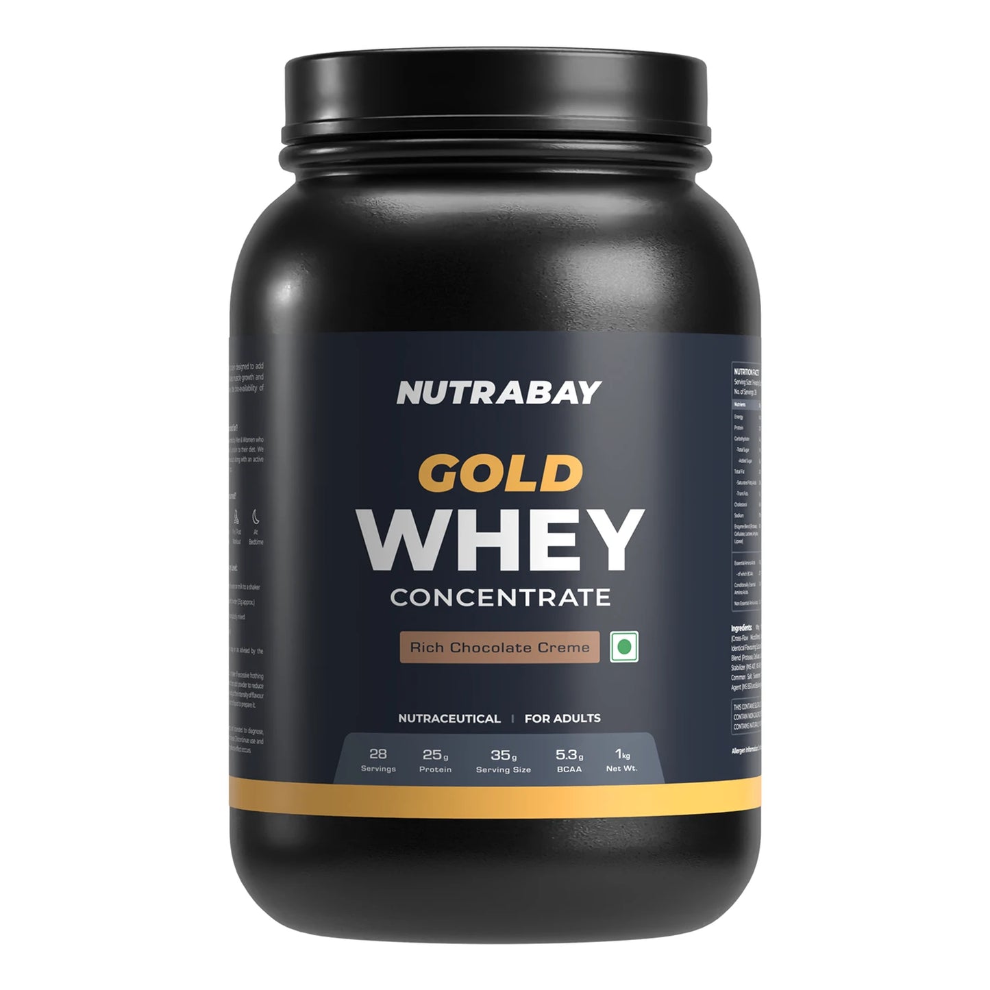 Black container of Nutrabay Gold Whey Concentrate on a white background