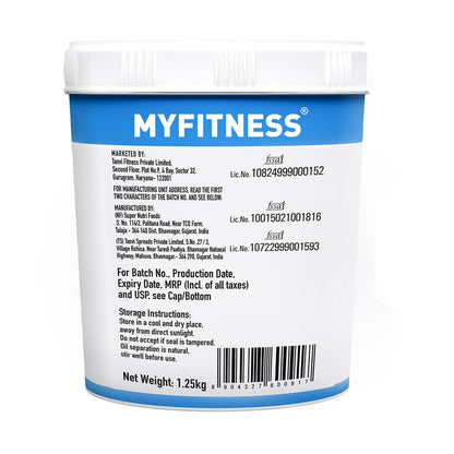 Back label of a MyFitness product container with text and barcodes.