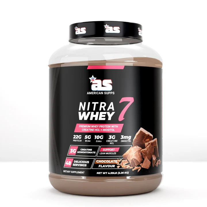 Container of American Supps Nitra Whey 7 protein powder on a white background