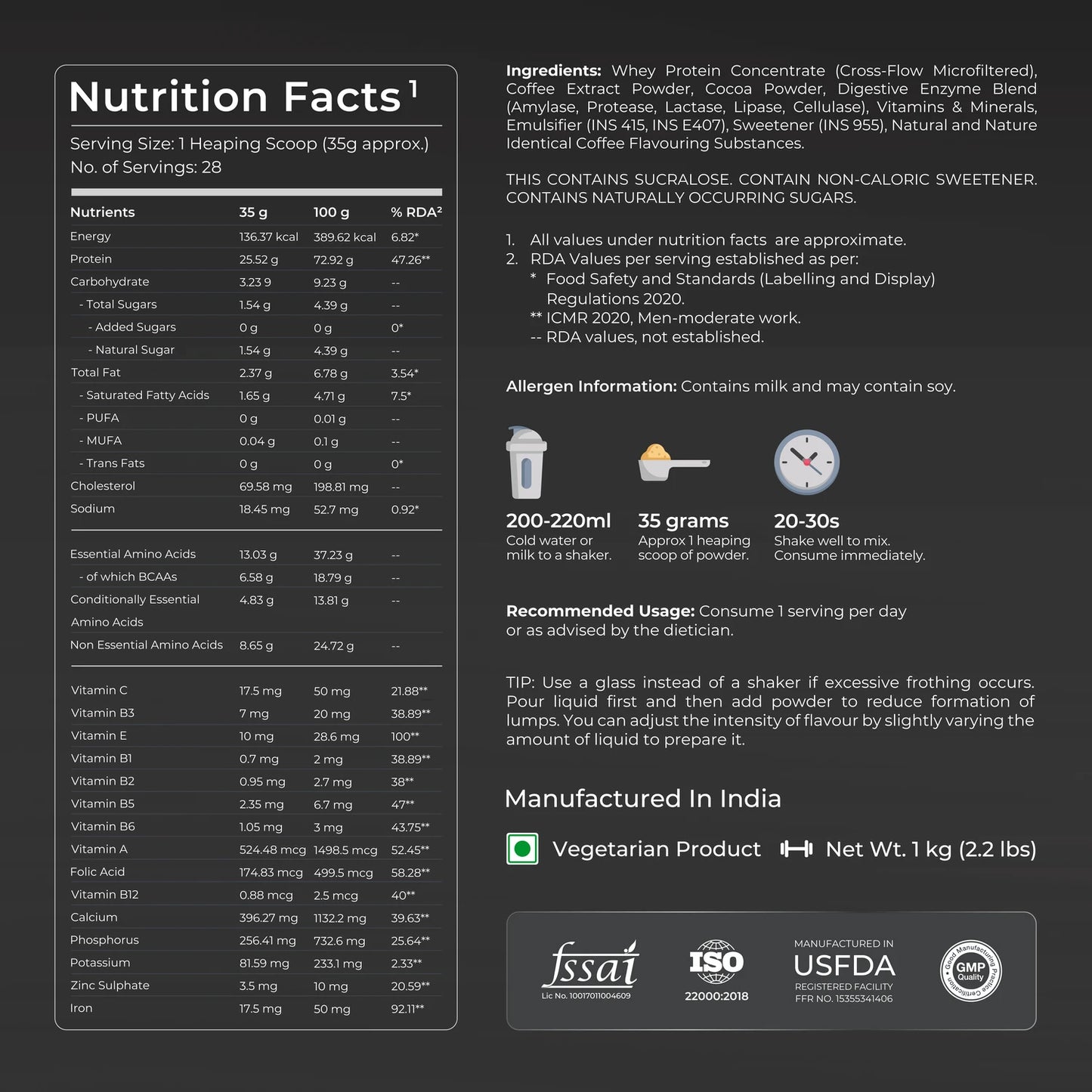 Nutrition facts label and ingredient list for a supplement on a black background