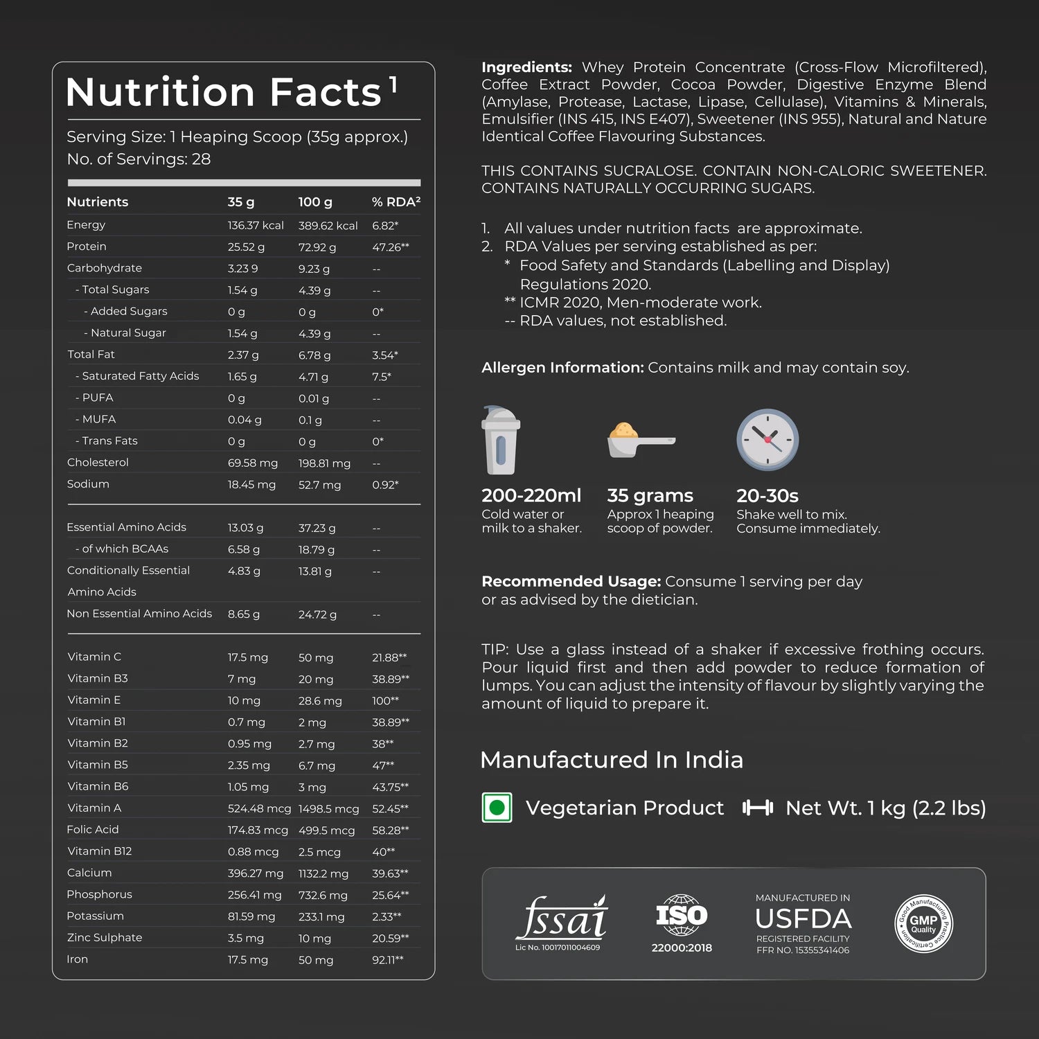 Nutrition facts label and ingredient list for a supplement on a black background