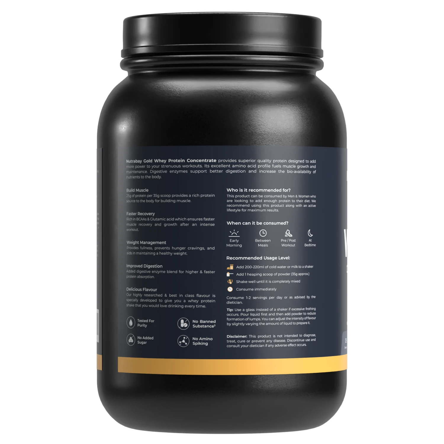 Black protein powder container with label on a white background