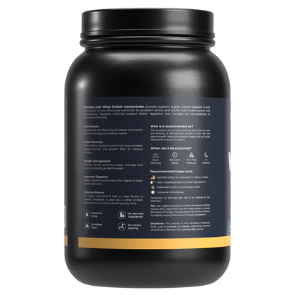 Black protein powder container with label on a white background
