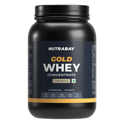 Black container of Nutrabay Gold Whey Concentrate on a white background