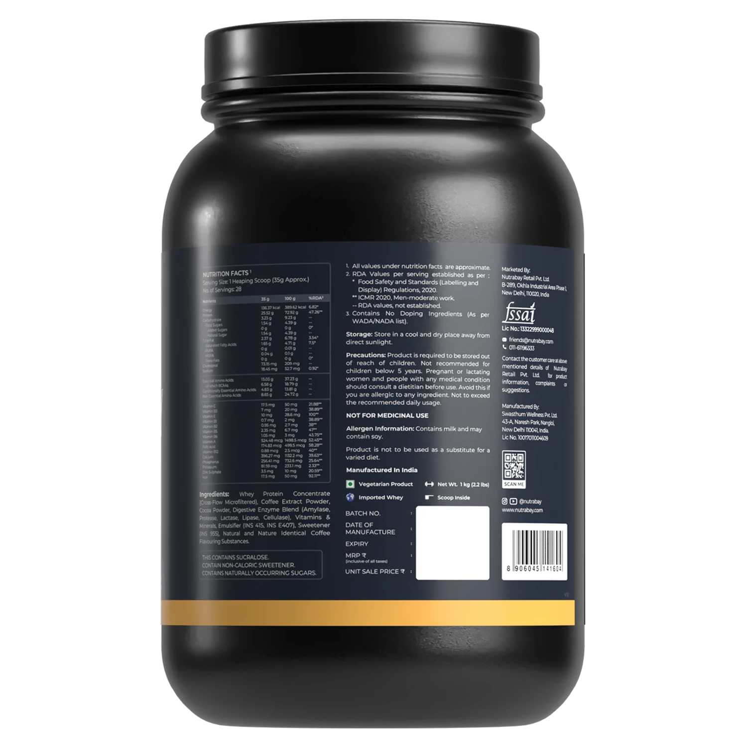 Black protein powder container with label on a white background