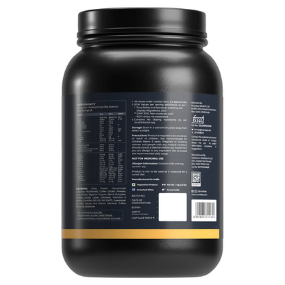 Black protein powder container with label on a white background