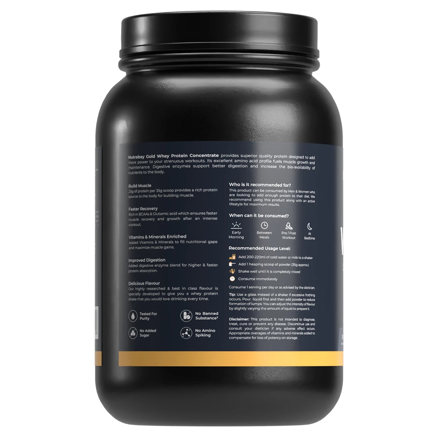 Black protein supplement container with text on a white background