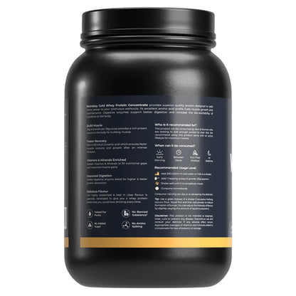 Black protein supplement container with text on a white background
