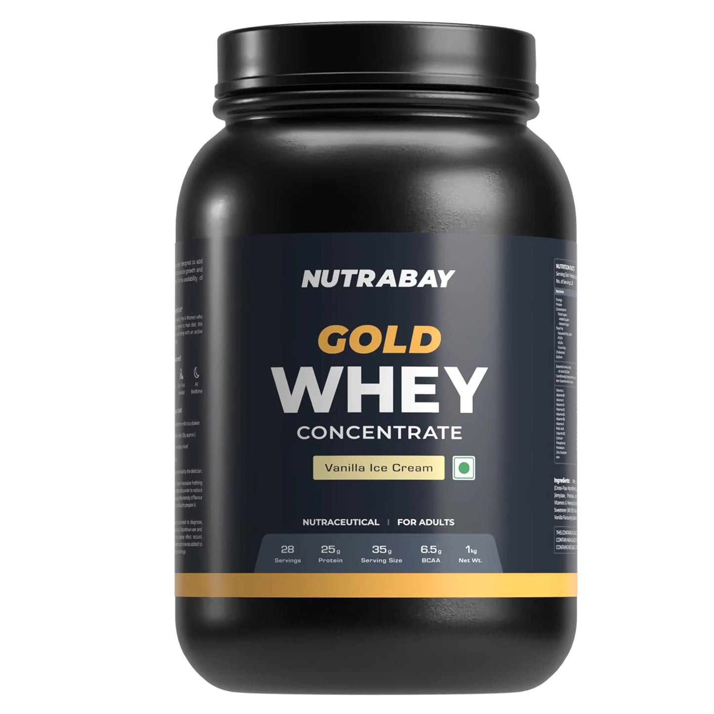 Black container of Nutrabay Gold Whey Concentrate Vanilla Ice Cream flavor on a white background
