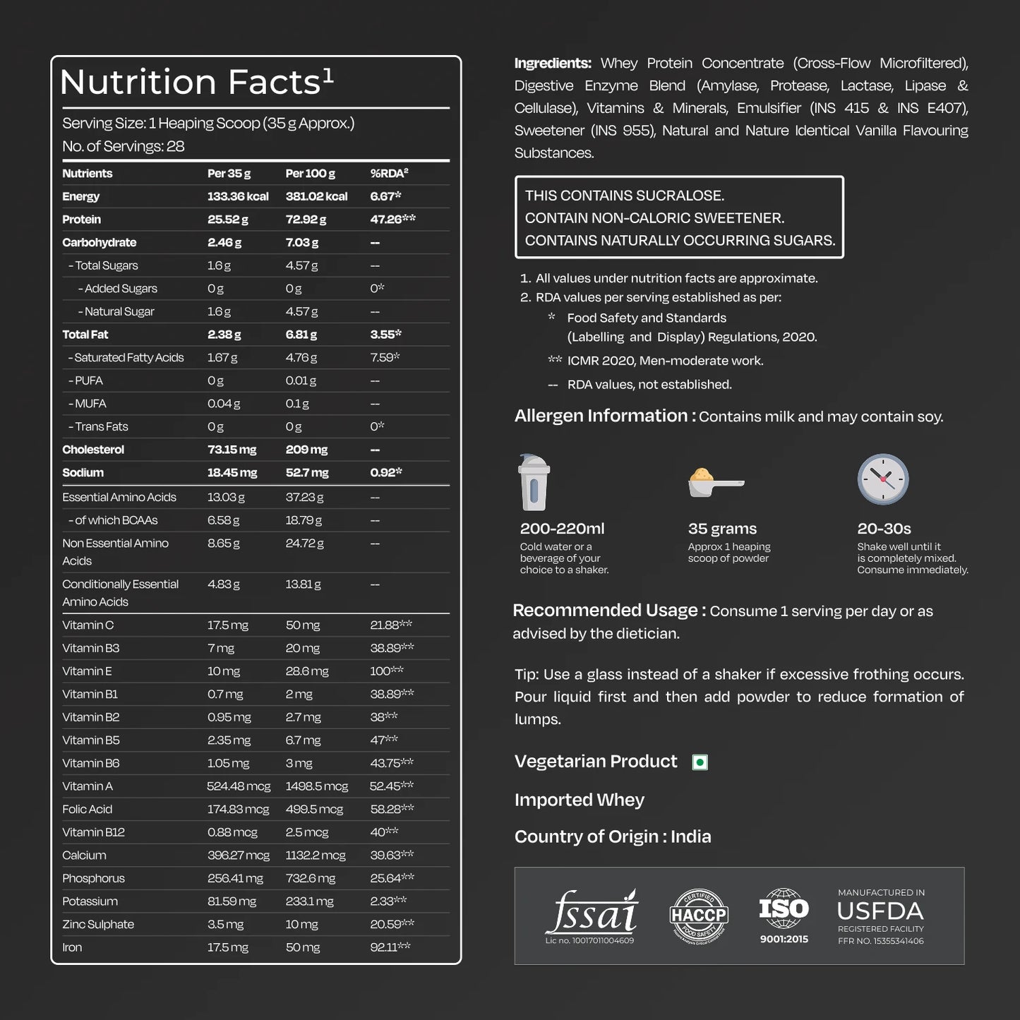 Nutrition facts label and ingredient list for a protein product on a dark background