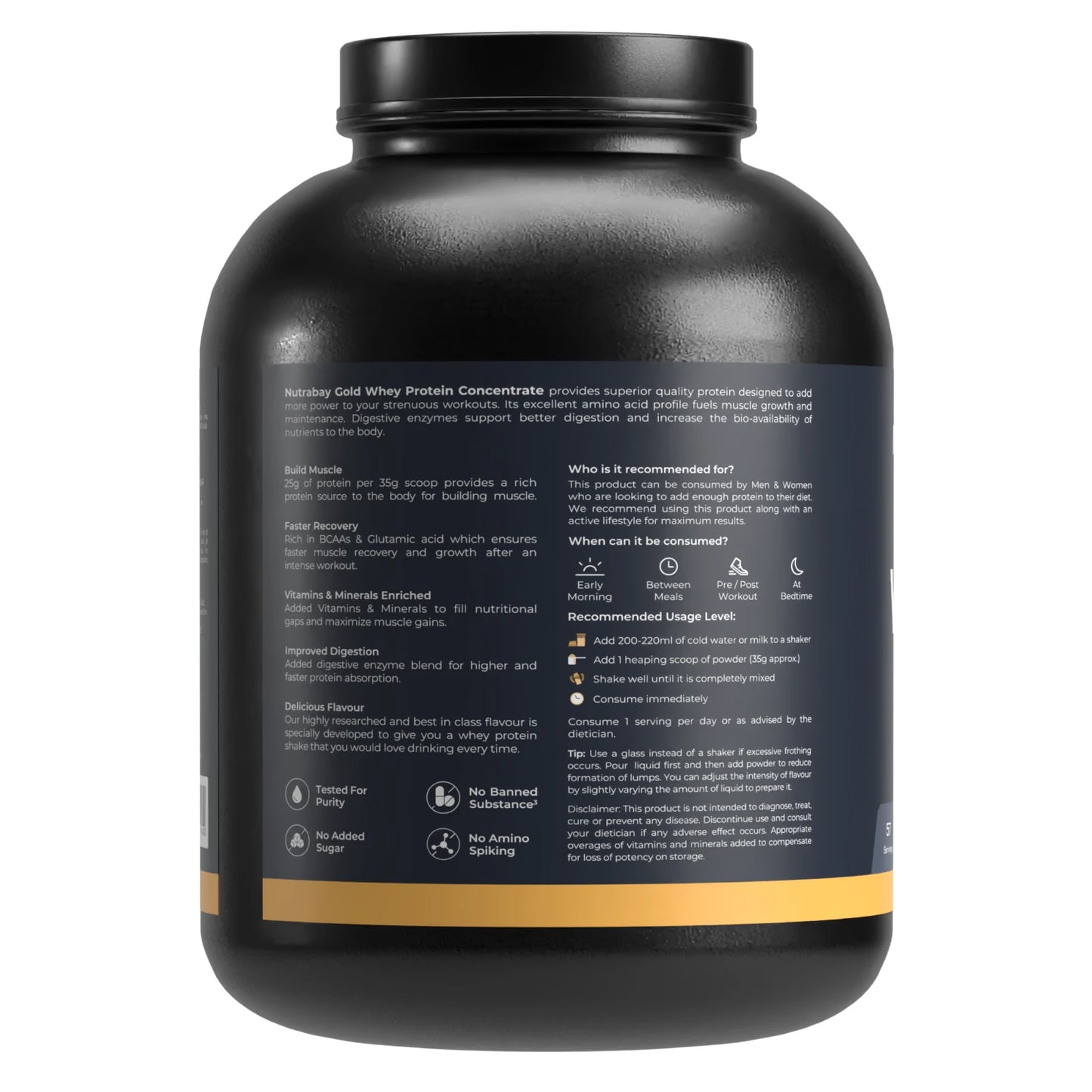 Black protein supplement container with text on a white background
