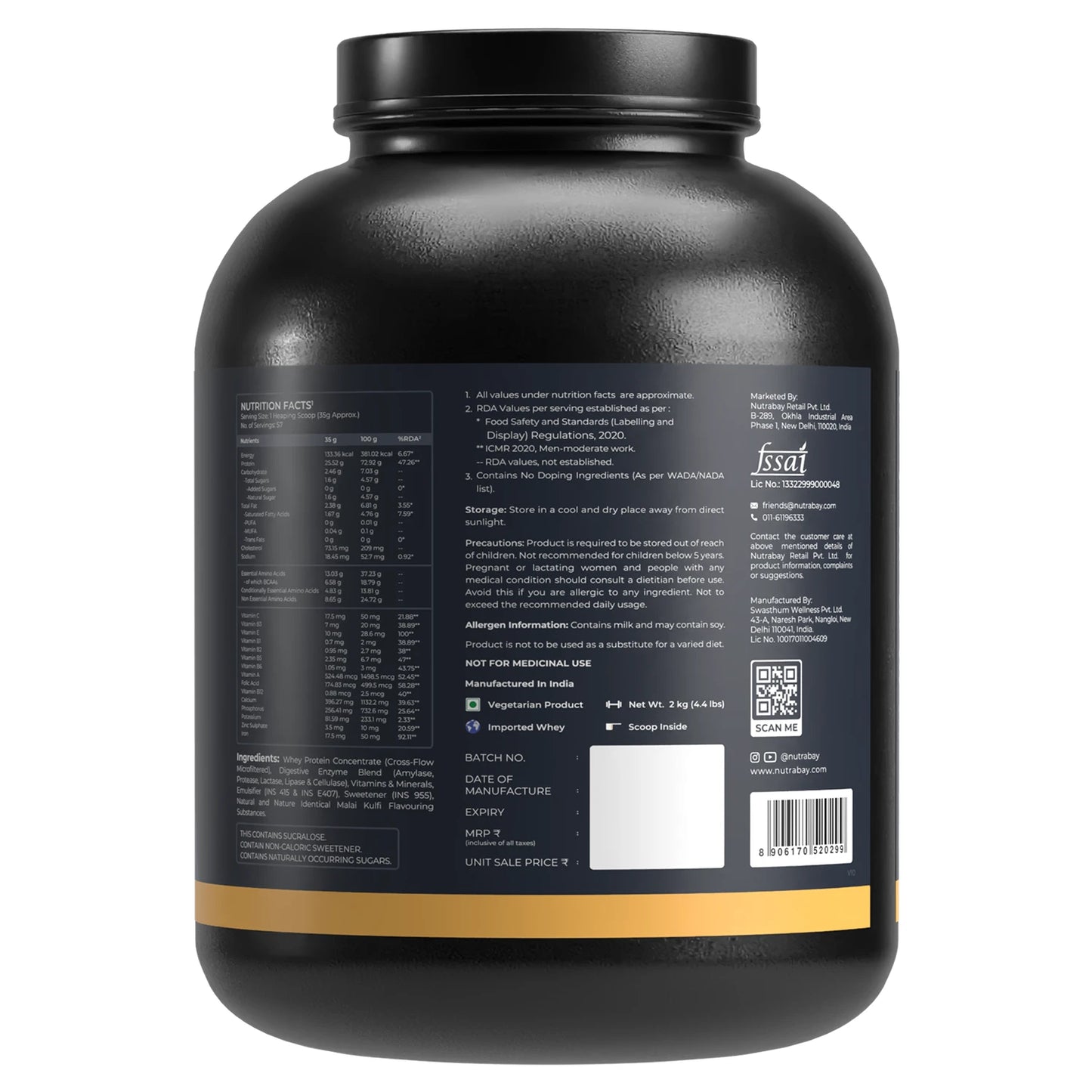 Black protein supplement container with label on a white background