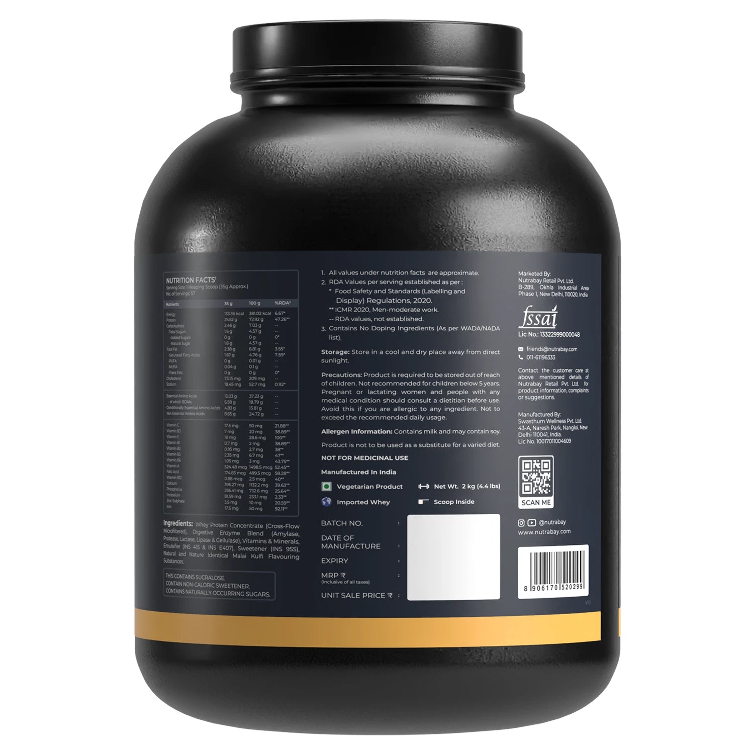 Black protein supplement container with label on a white background
