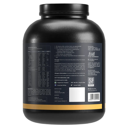 Black protein supplement container with label on a white background