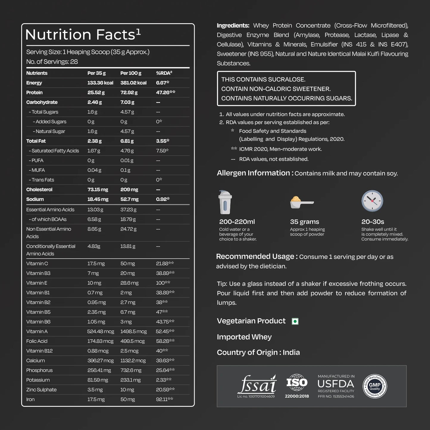 Nutrition facts label and ingredient list for a supplement on a black background