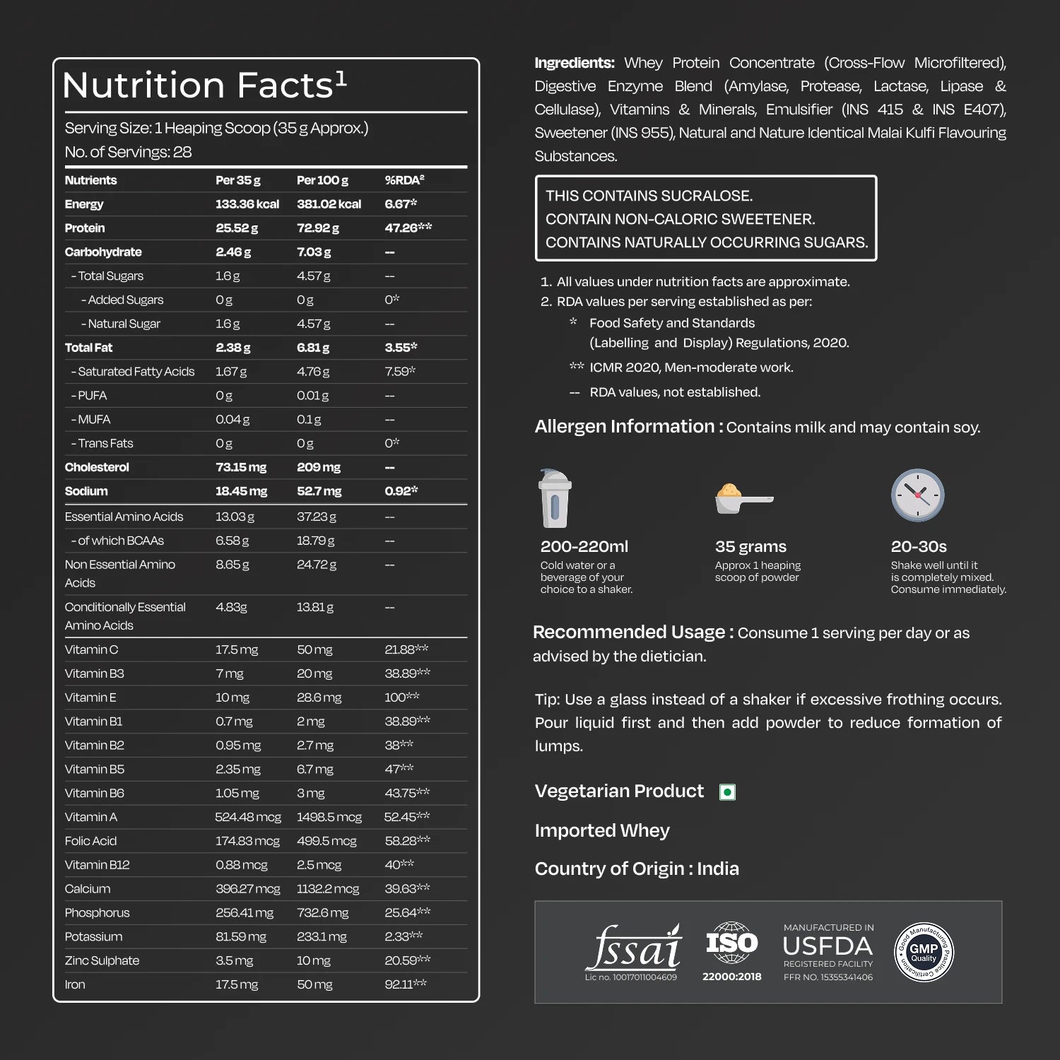 Nutrition facts label and ingredient list for a supplement on a black background